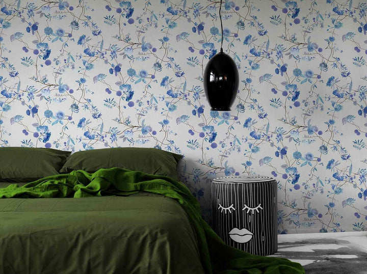 Carolyn Jenkins Botanical Chinoiserie White and Blue Wallpaper