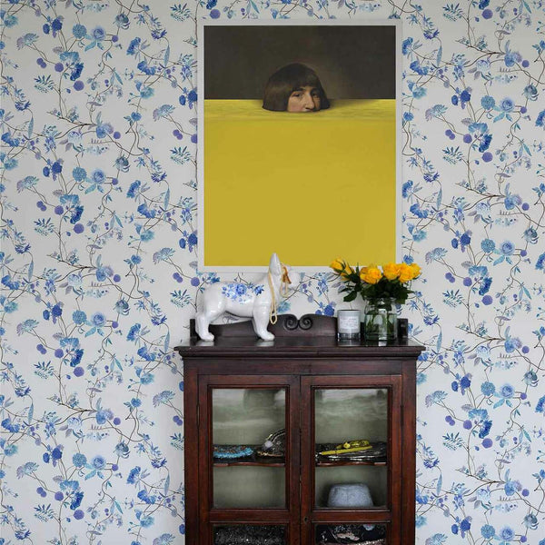 Carolyn Jenkins Botanical Chinoiserie White and Blue Wallpaper