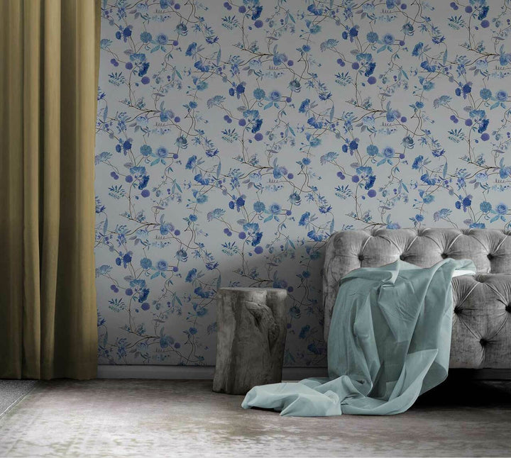 Carolyn Jenkins Botanical Chinoiserie White and Blue Wallpaper