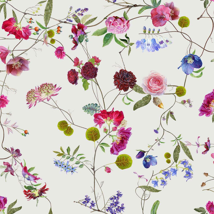 Carolyn Jenkins Botanical Chinoiserie White and Purples Wallpaper