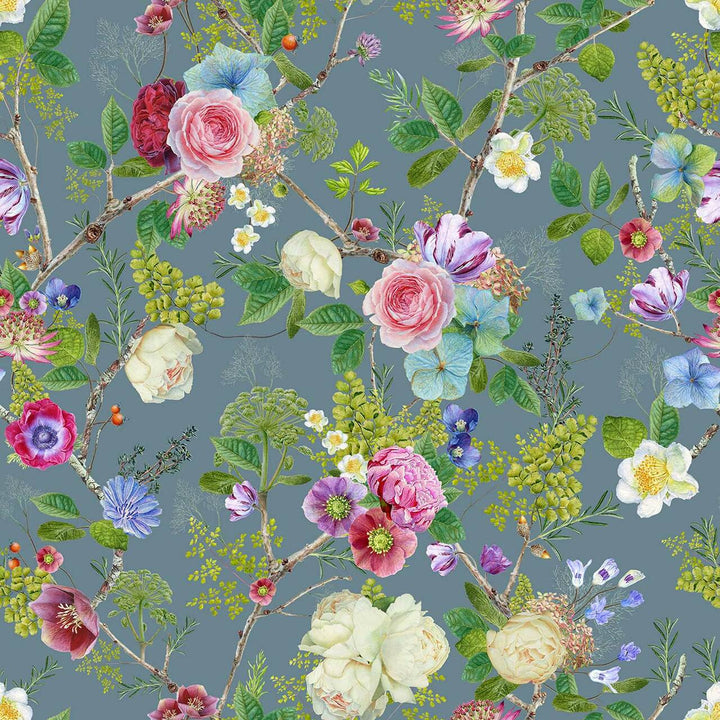 Carolyn Jenkins Floral Spring Blue Grey and Green Wallpaper