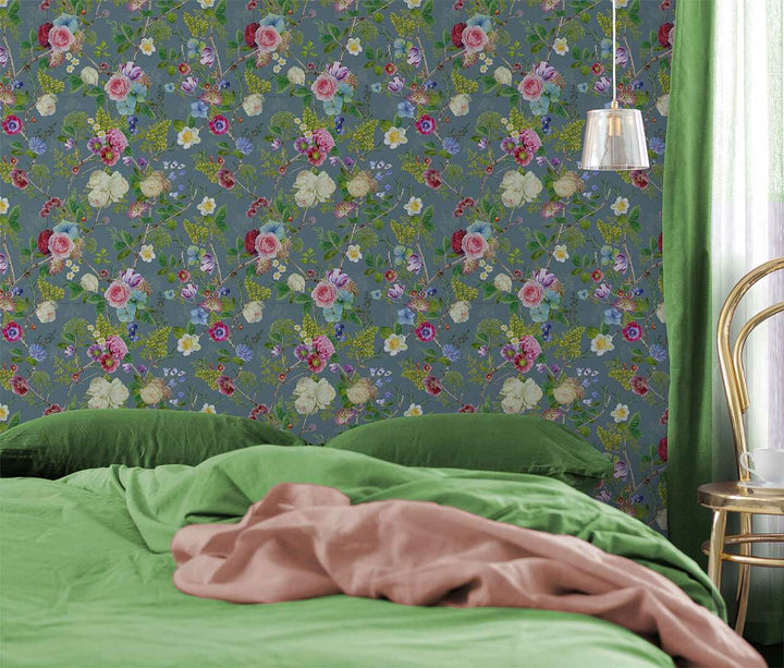 Carolyn Jenkins Floral Spring Blue Grey and Green Wallpaper