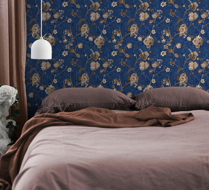 Carolyn Jenkins Floral Spring Sepia and Navy Blue Wallpaper