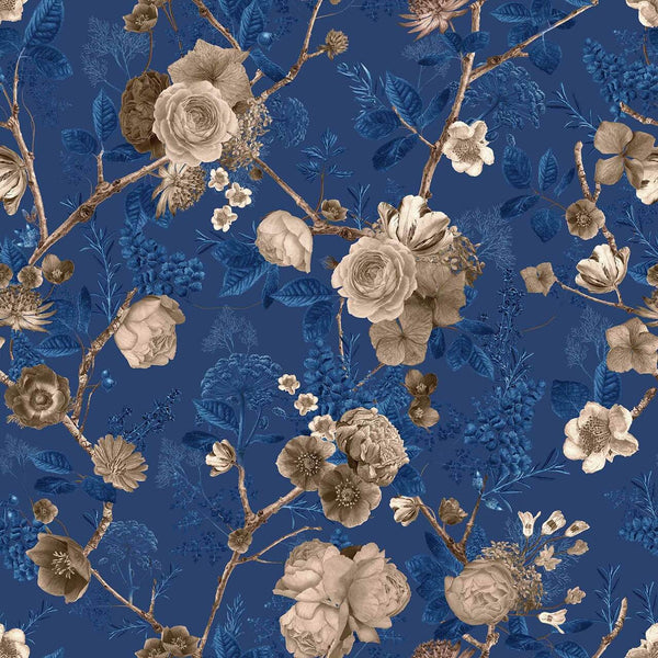 Carolyn Jenkins Floral Spring Sepia and Navy Blue Wallpaper