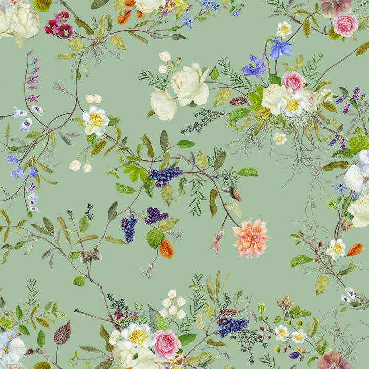 Carolyn Jenkins Wildflower Pattern Pea Green and Colours Wallpaper