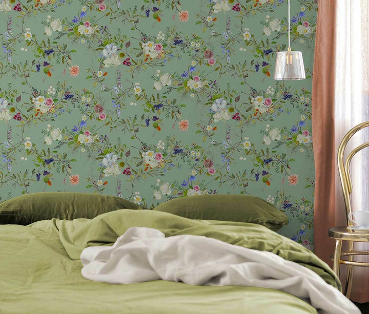 Carolyn Jenkins Wildflower Pattern Pea Green and Colours Wallpaper