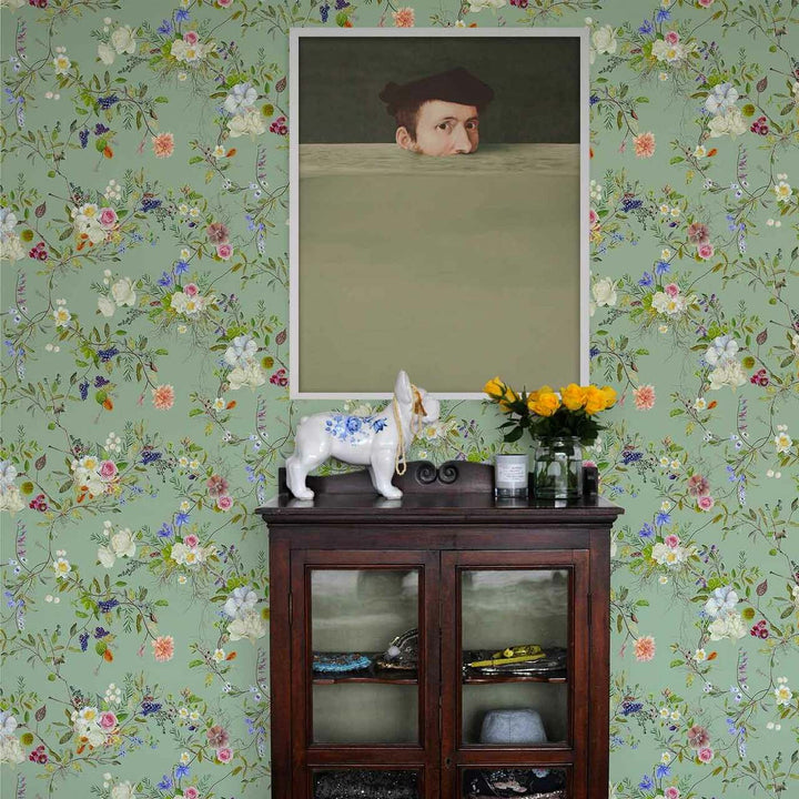 Carolyn Jenkins Wildflower Pattern Pea Green and Colours Wallpaper