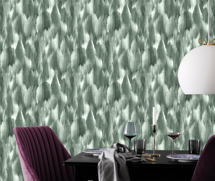 Kirin Young Natural Feathers Silver Green Wallpaper