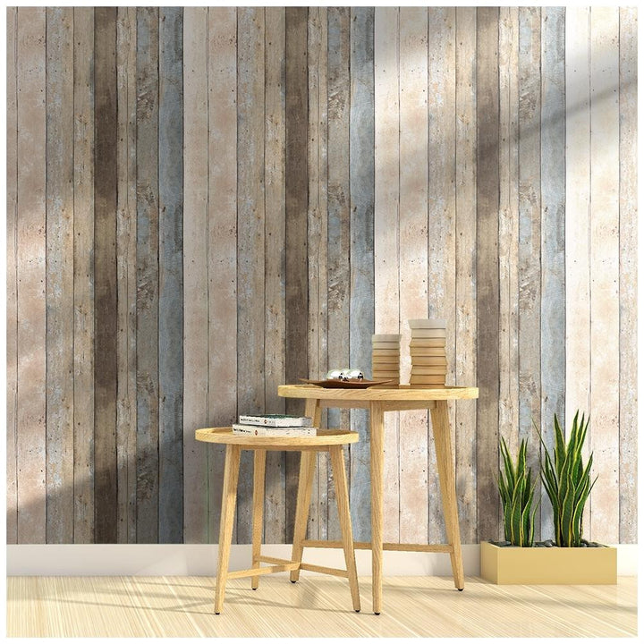 Mineheart Rustic Wood Effect Panel Wallpaper Beige and Cream