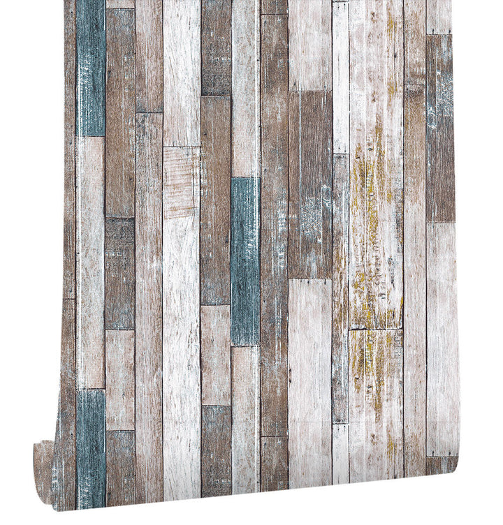 Mineheart Rustic Wood Effect Panel Wallpaper Grey and Blue