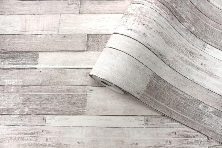 Mineheart Rustic Wood Effect Panel Wallpaper Grey and White