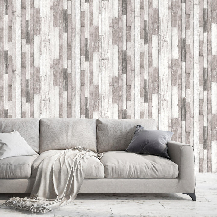 Mineheart Rustic Wood Effect Panel Wallpaper Grey and White