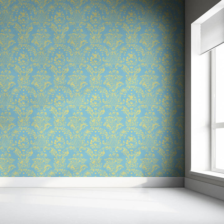 Young and Battaglia New World Damask Wallpaper- Blue and Lime