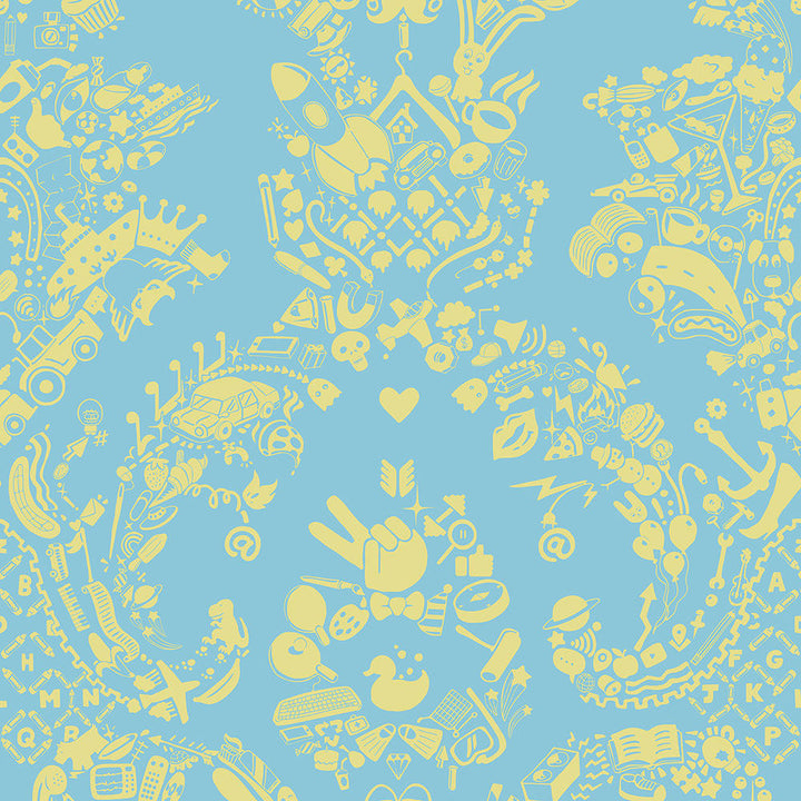 Young and Battaglia New World Damask Wallpaper- Blue and Lime