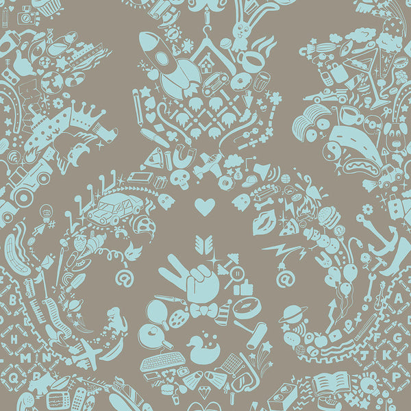 Young and Battaglia New World Damask Wallpaper- Grey and Blue