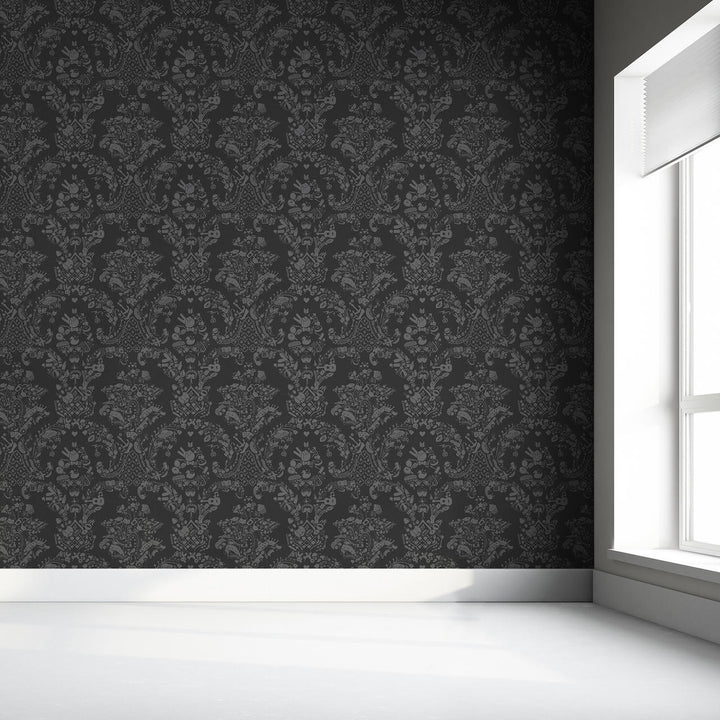 Young and Battaglia New World Damask Wallpaper- Grey and Grey