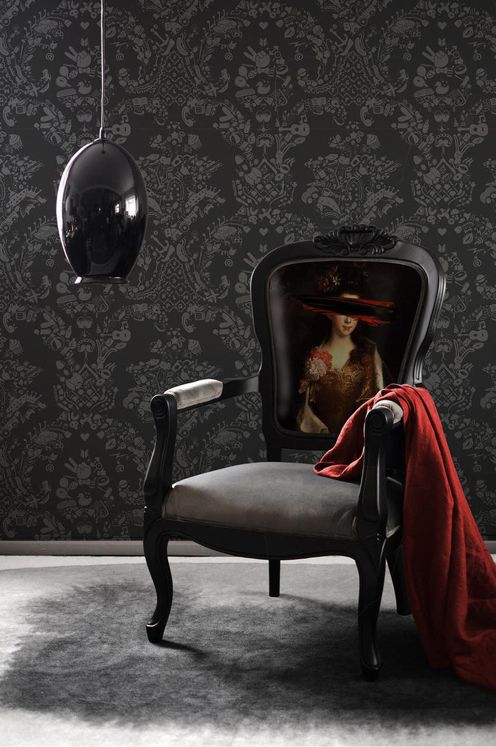 Young and Battaglia New World Damask Wallpaper- Grey and Grey