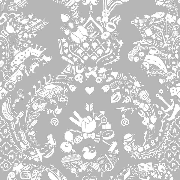 Young and Battaglia New World Damask Wallpaper- White and Grey