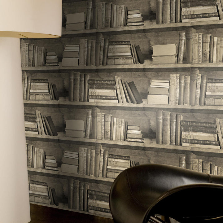 Young and Battaglia Sepia Bookshelf Wallpaper