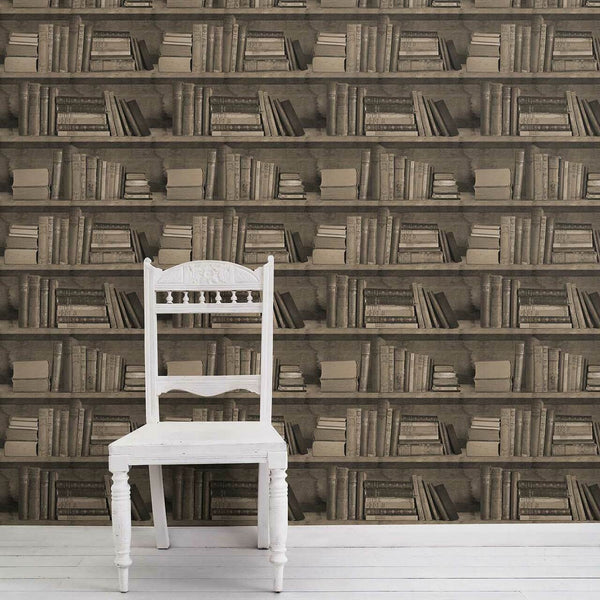 Young and Battaglia Sepia Bookshelf Wallpaper