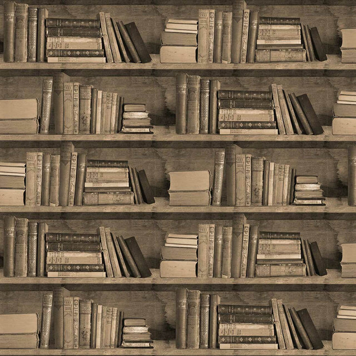 Young and Battaglia Sepia Bookshelf Wallpaper
