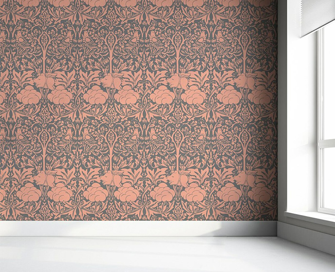 Pink quirky wallpaper with pigs: a funny touch to a creative office