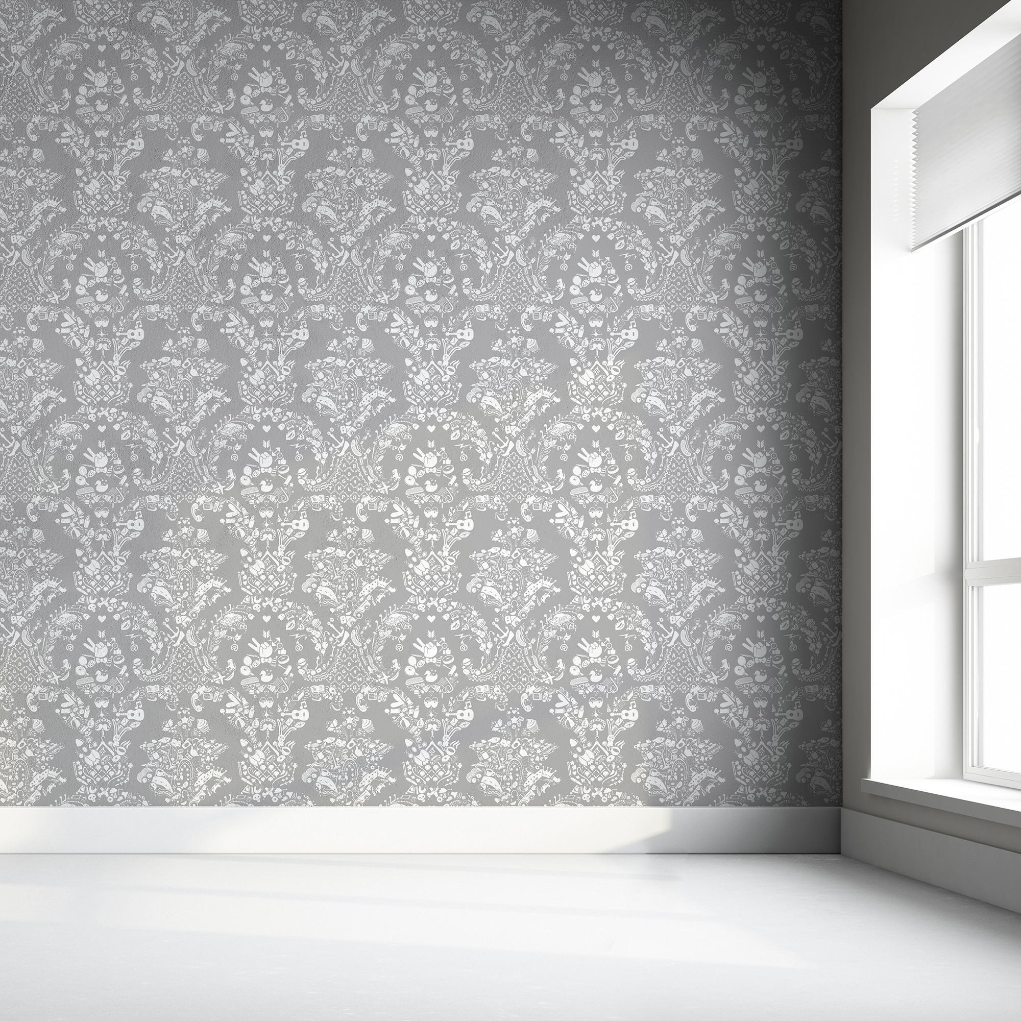 damask white grey wallpaper