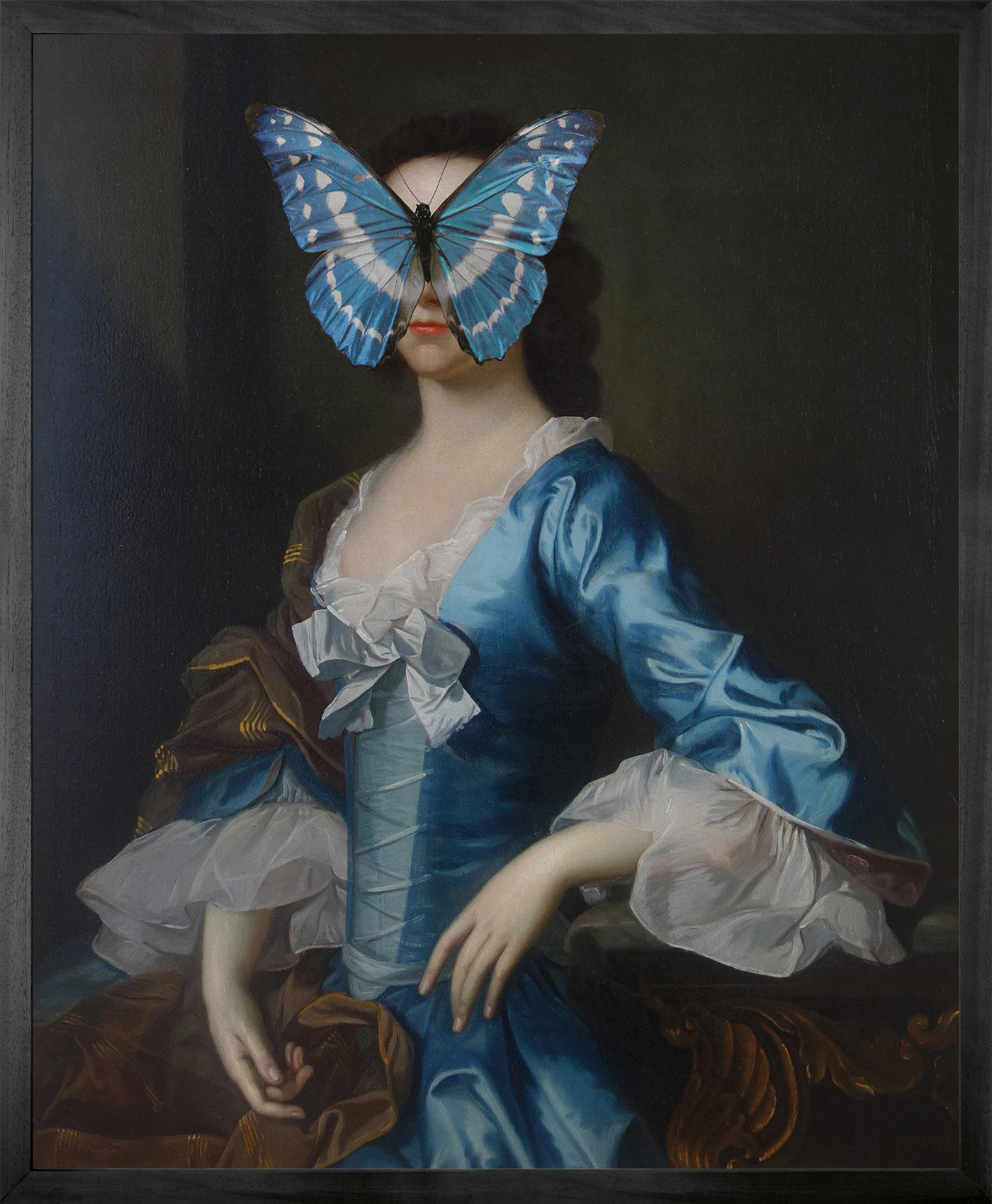 Portrait of Blue and White Butterfly on Lady