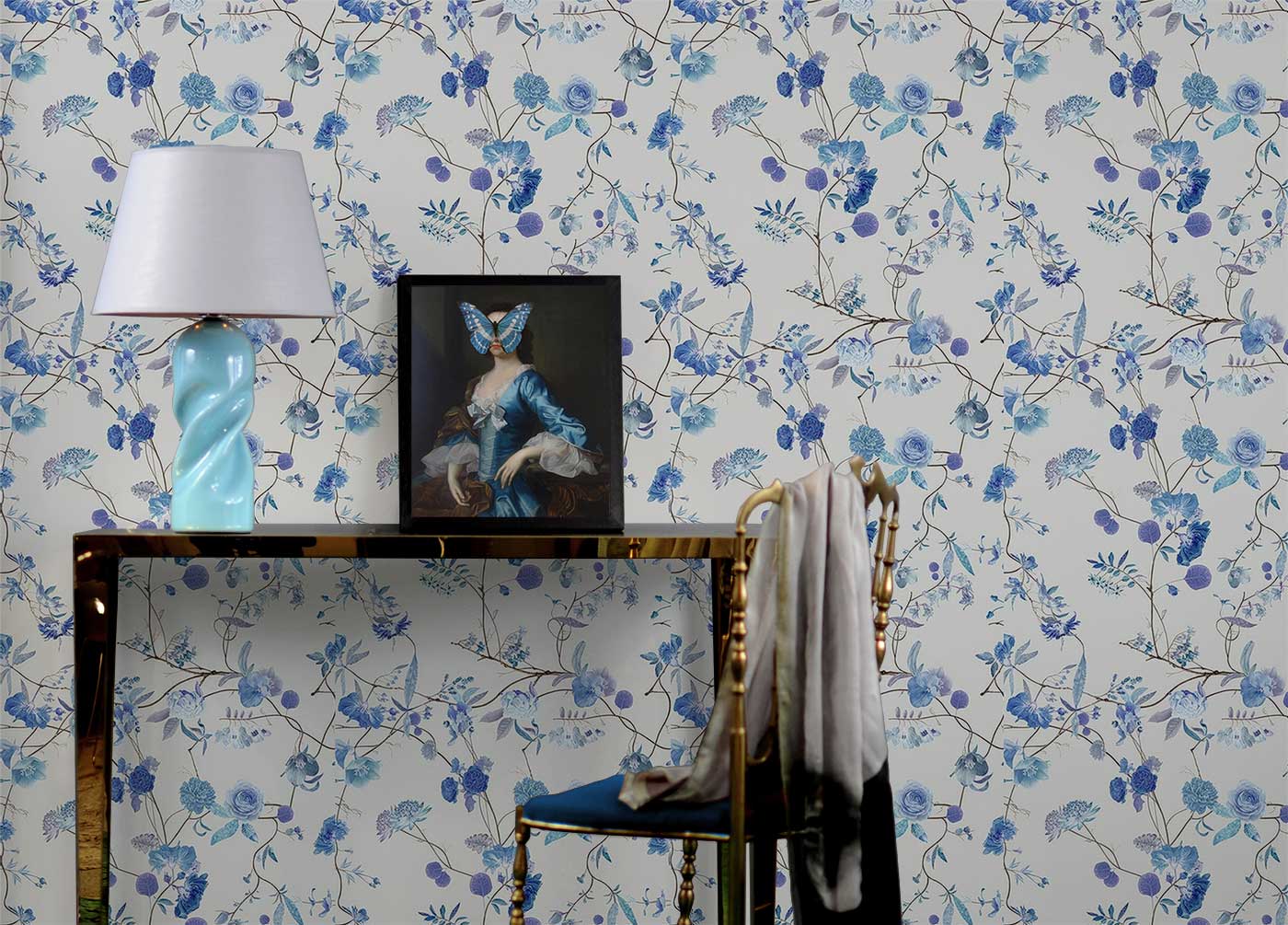 Botanical Chinoiserie White and Blue Wallpaper