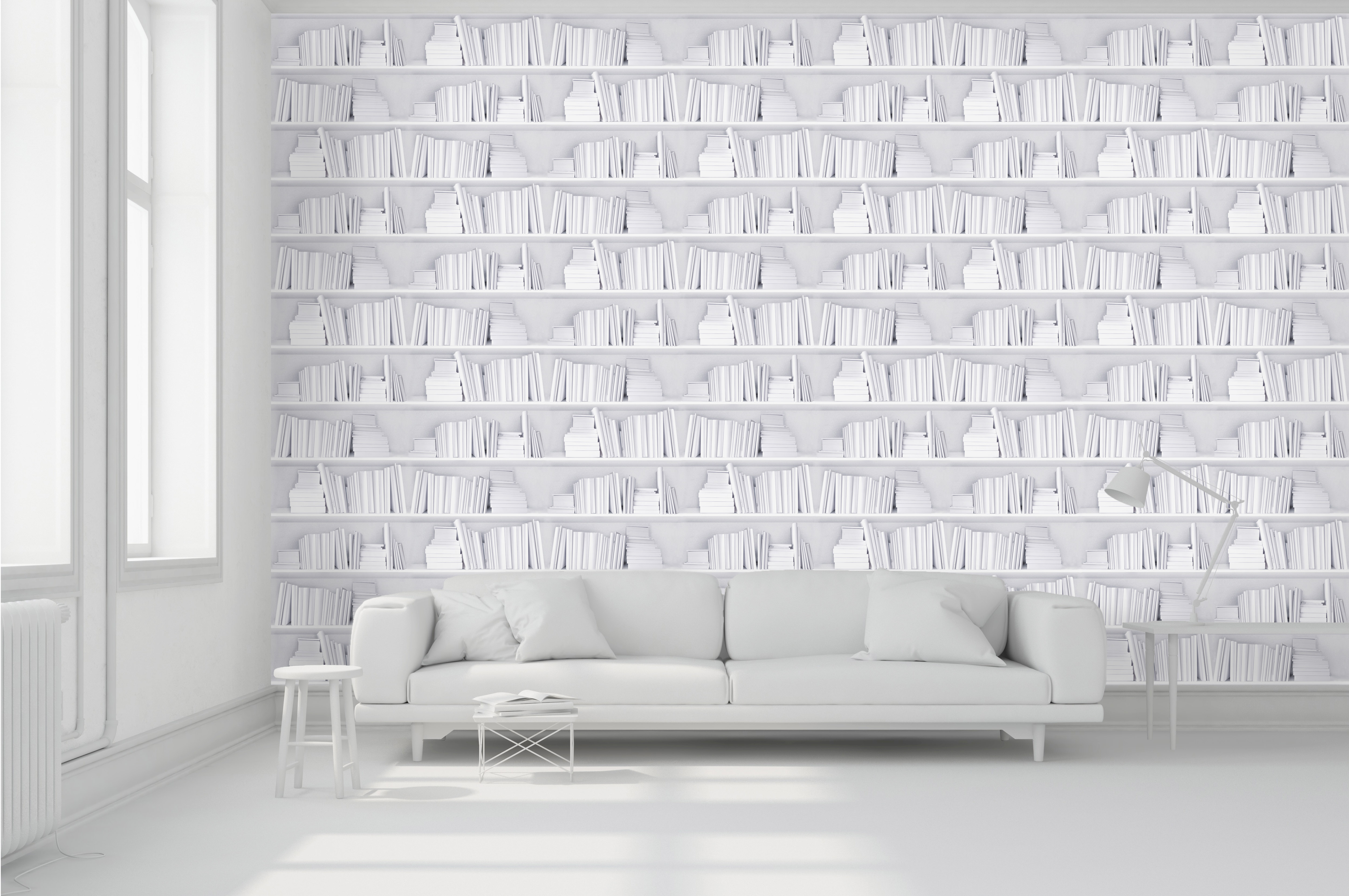 White Bookshelf Wallpaper